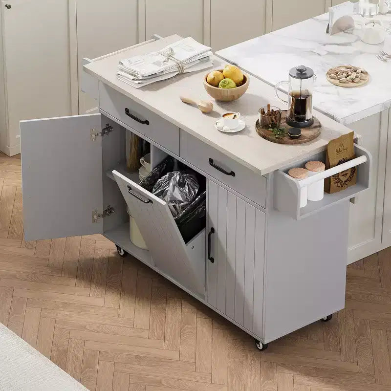 Kitchen Island with Trash Can Storage, Drop Leaf, Spice Rack, Adjustable Shelf, Rolling Kitchen Cart