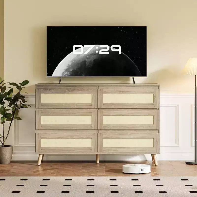 Rattan 6 Drawer Dresser for Bedroom, Large Double Dresser with Deep Drawers, Wooden Chest of Drawers for Closet with Wide Top