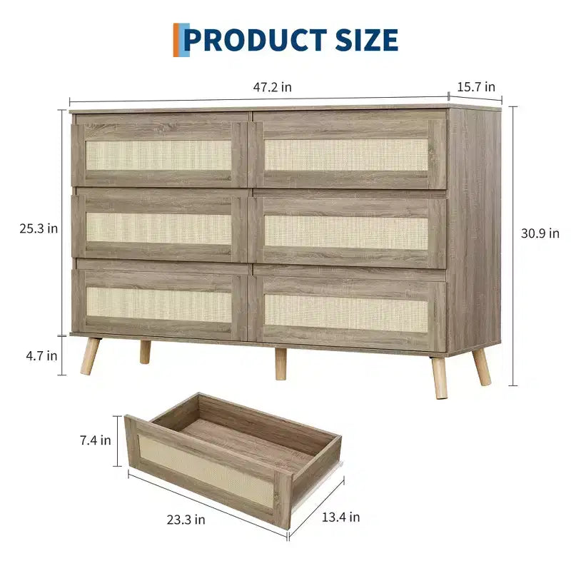 Rattan 6 Drawer Dresser for Bedroom, Large Double Dresser with Deep Drawers, Wooden Chest of Drawers for Closet with Wide Top