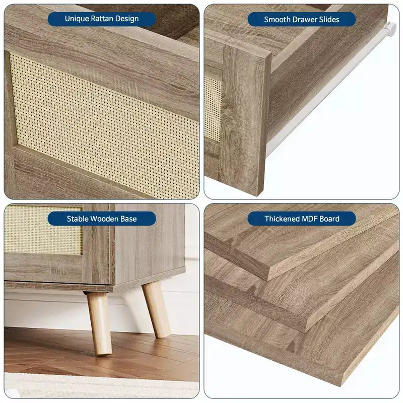Rattan 6 Drawer Dresser for Bedroom, Large Double Dresser with Deep Drawers, Wooden Chest of Drawers for Closet with Wide Top
