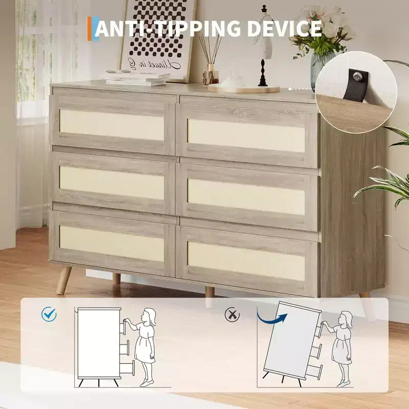 Rattan 6 Drawer Dresser for Bedroom, Large Double Dresser with Deep Drawers, Wooden Chest of Drawers for Closet with Wide Top