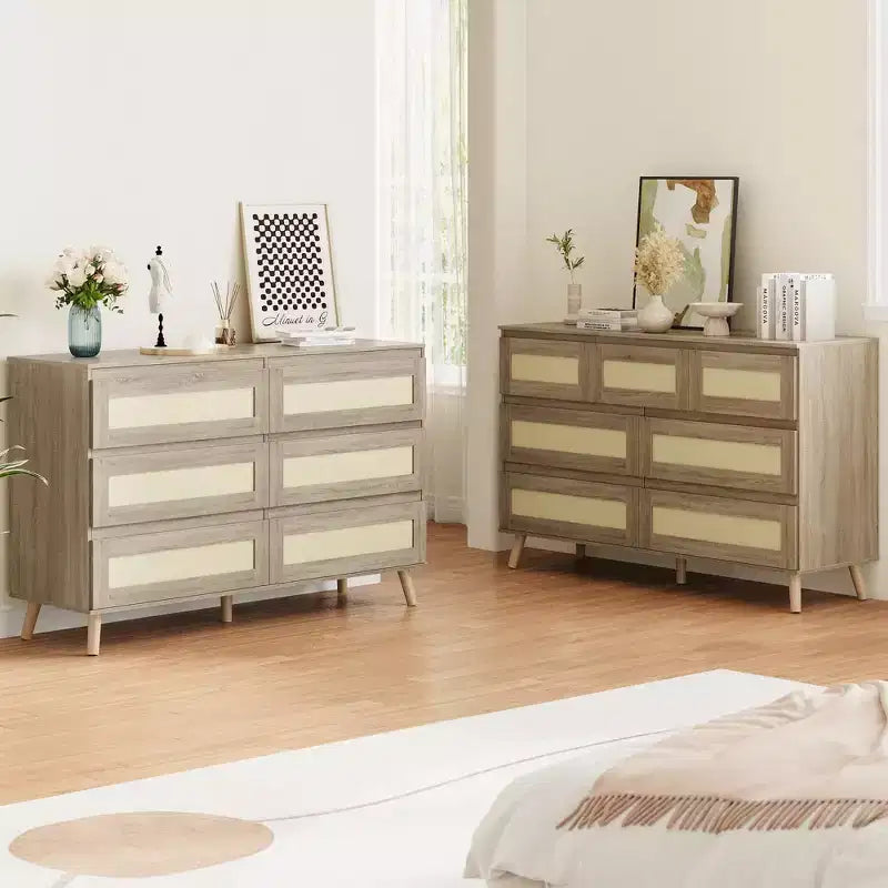Rattan 6 Drawer Dresser for Bedroom, Large Double Dresser with Deep Drawers, Wooden Chest of Drawers for Closet with Wide Top