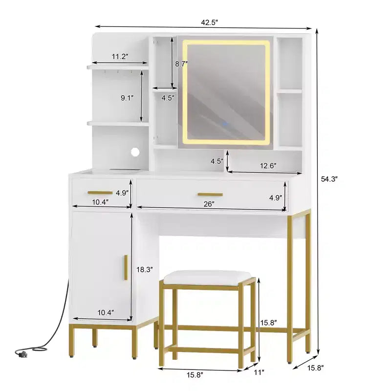 Vanity Table with Lighted Mirror & Charging Station  Makeup Vanity with Stool, Drawers & Cabinet for Bedroom