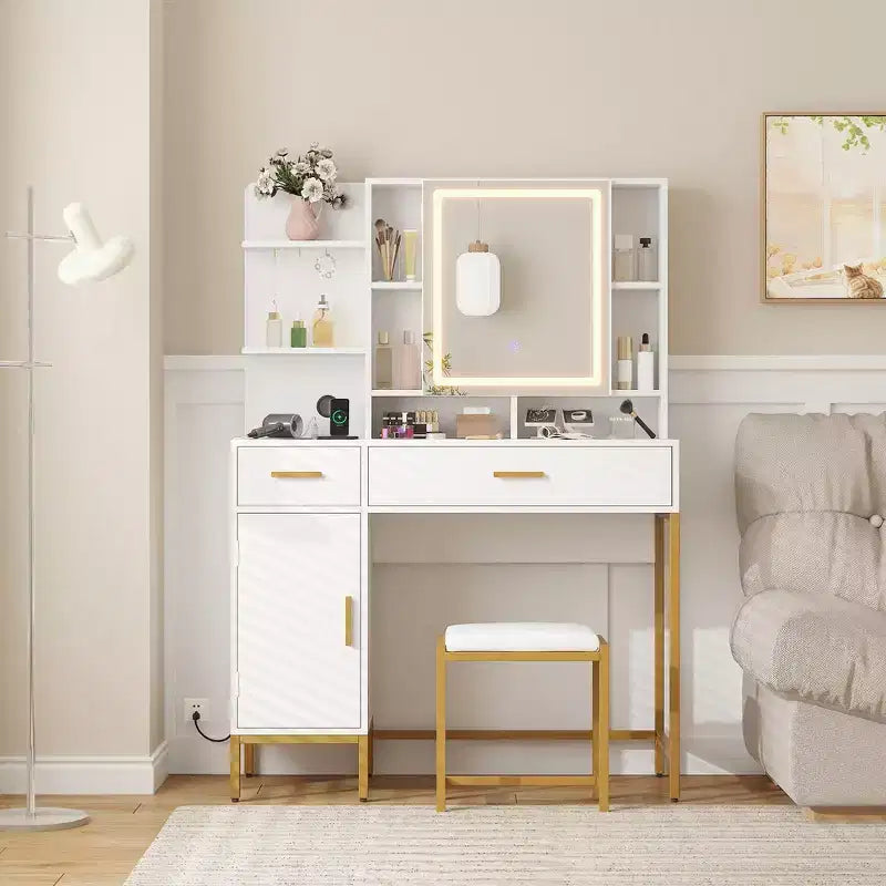 Vanity Table with Lighted Mirror & Charging Station  Makeup Vanity with Stool, Drawers & Cabinet for Bedroom