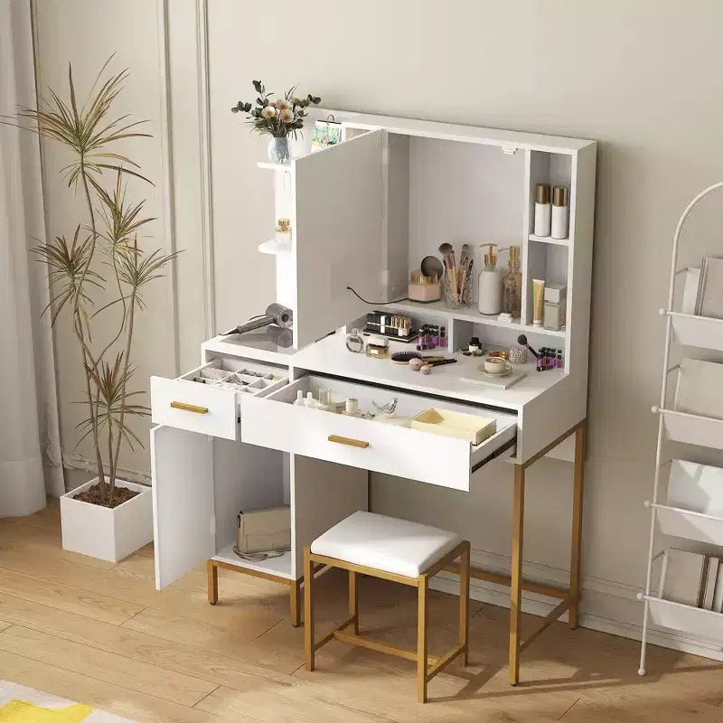 Vanity Table with Lighted Mirror & Charging Station  Makeup Vanity with Stool, Drawers & Cabinet for Bedroom