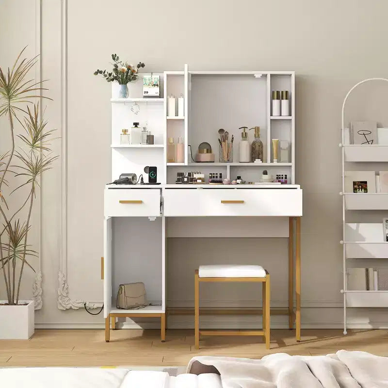 Vanity Table with Lighted Mirror & Charging Station  Makeup Vanity with Stool, Drawers & Cabinet for Bedroom