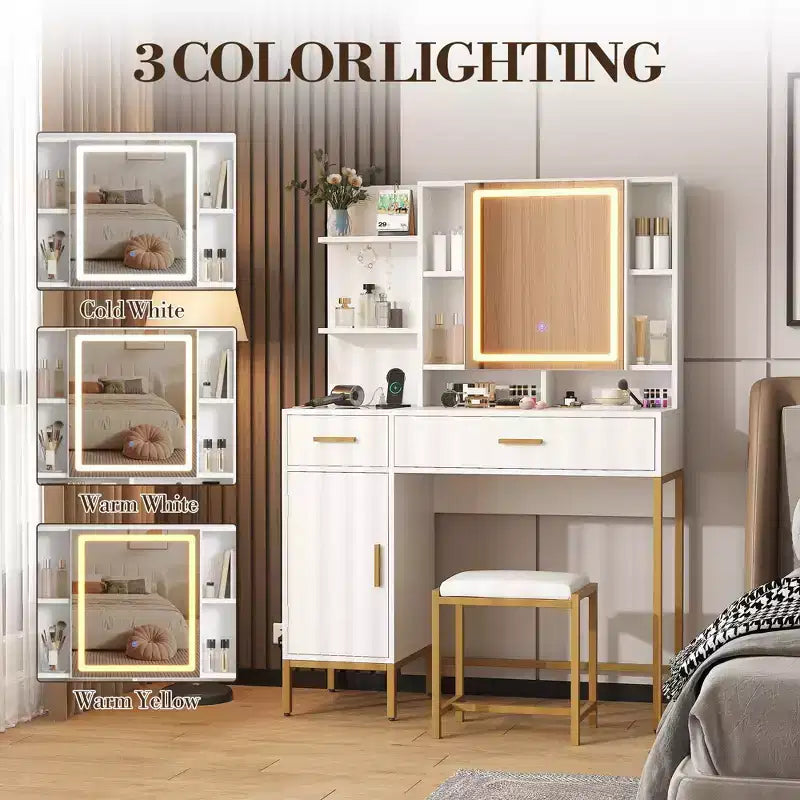 Vanity Table with Lighted Mirror & Charging Station  Makeup Vanity with Stool, Drawers & Cabinet for Bedroom