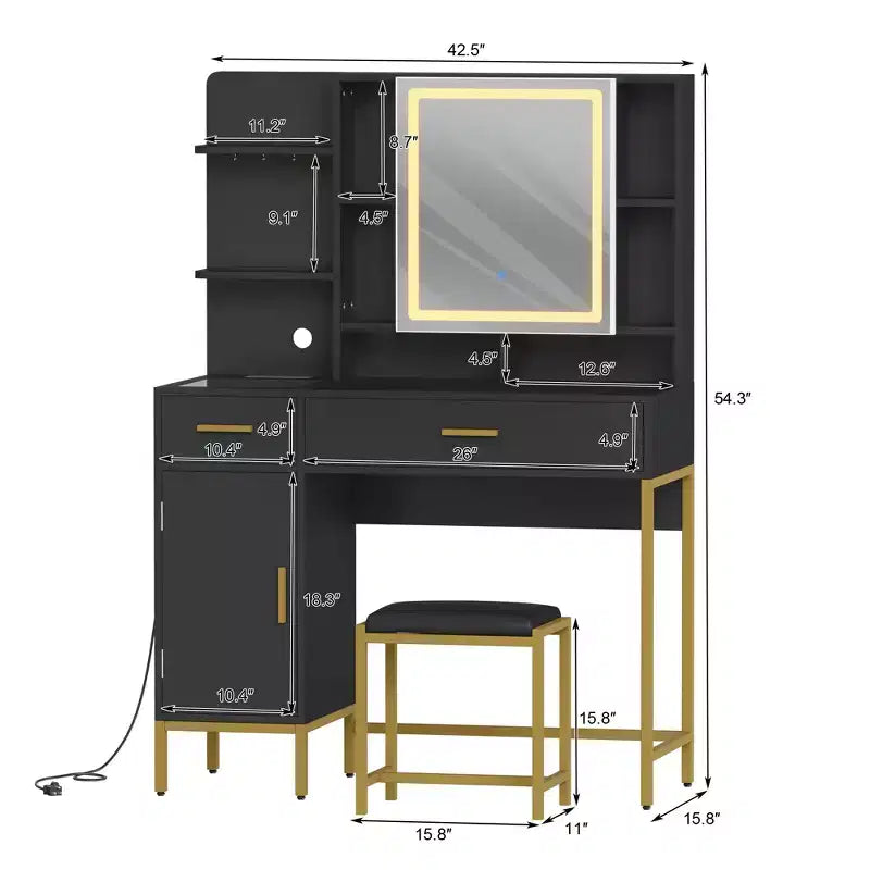 Vanity Table with Lighted Mirror & Charging Station  Makeup Vanity with Stool, Drawers & Cabinet for Bedroom