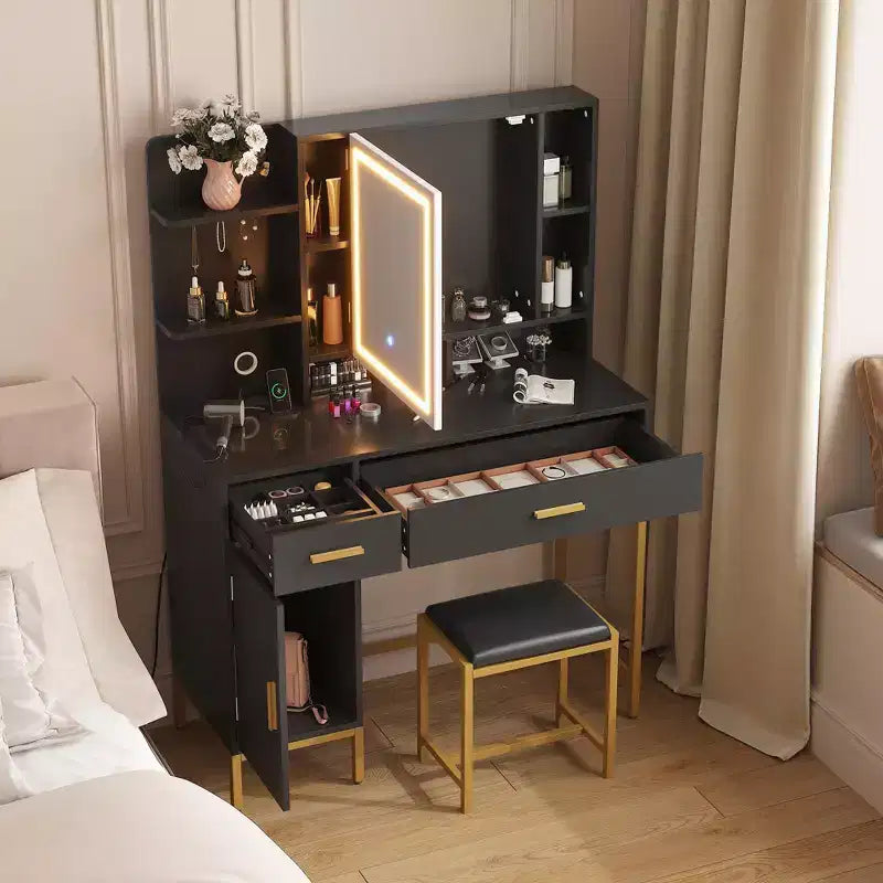 Vanity Table with Lighted Mirror & Charging Station  Makeup Vanity with Stool, Drawers & Cabinet for Bedroom