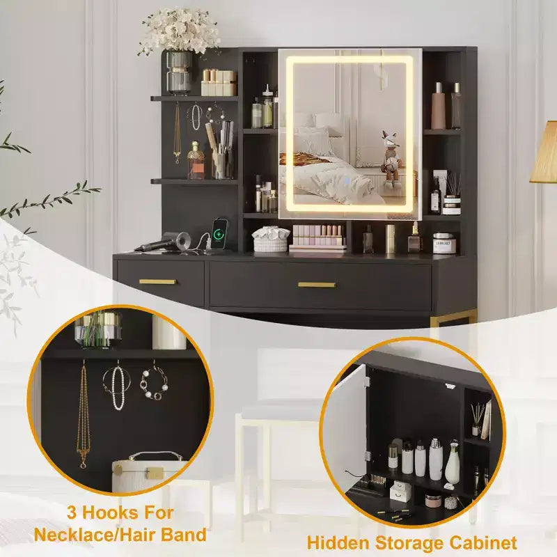 Vanity Table with Lighted Mirror & Charging Station  Makeup Vanity with Stool, Drawers & Cabinet for Bedroom