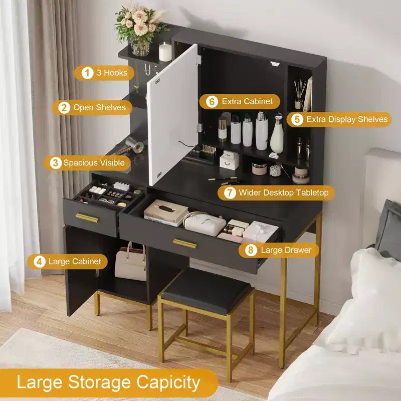 Vanity Table with Lighted Mirror & Charging Station  Makeup Vanity with Stool, Drawers & Cabinet for Bedroom