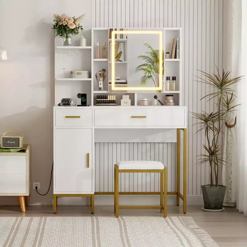 Vanity Table with Lighted Mirror & Charging Station  Makeup Vanity with Stool, Drawers & Cabinet for Bedroom