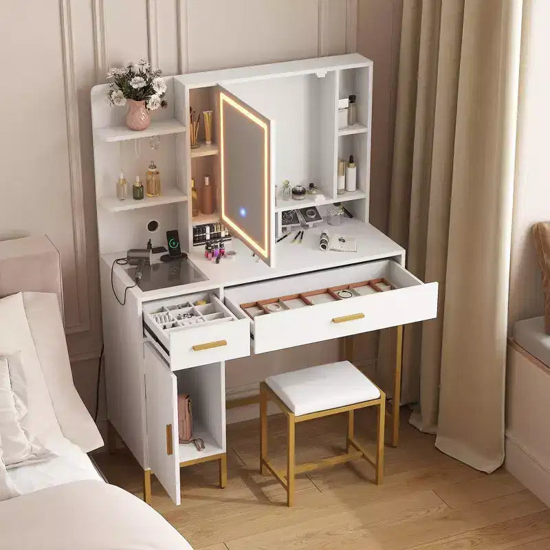 Vanity Table with Lighted Mirror & Charging Station  Makeup Vanity with Stool, Drawers & Cabinet for Bedroom