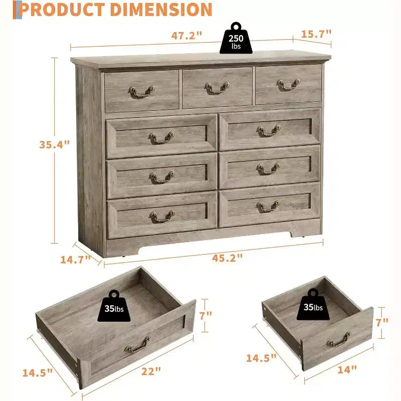 Commode de chambre à 9 tiroirs, commode vintage de 120 cm de large avec poignées métalliques et texture naturelle, commode en bois pour salon, couloir