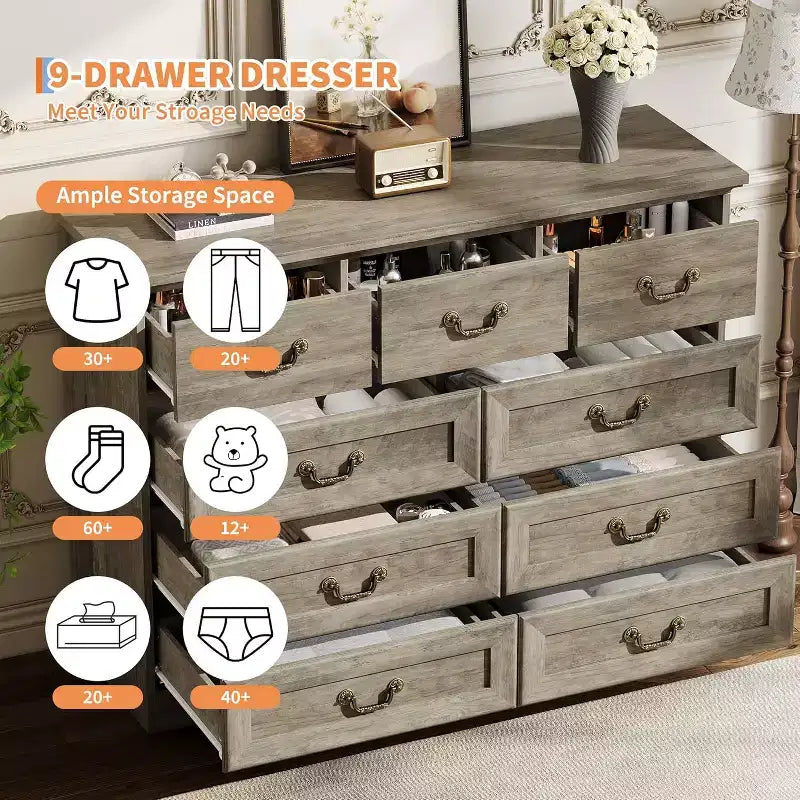 Commode de chambre à 9 tiroirs, commode vintage de 120 cm de large avec poignées métalliques et texture naturelle, commode en bois pour salon, couloir