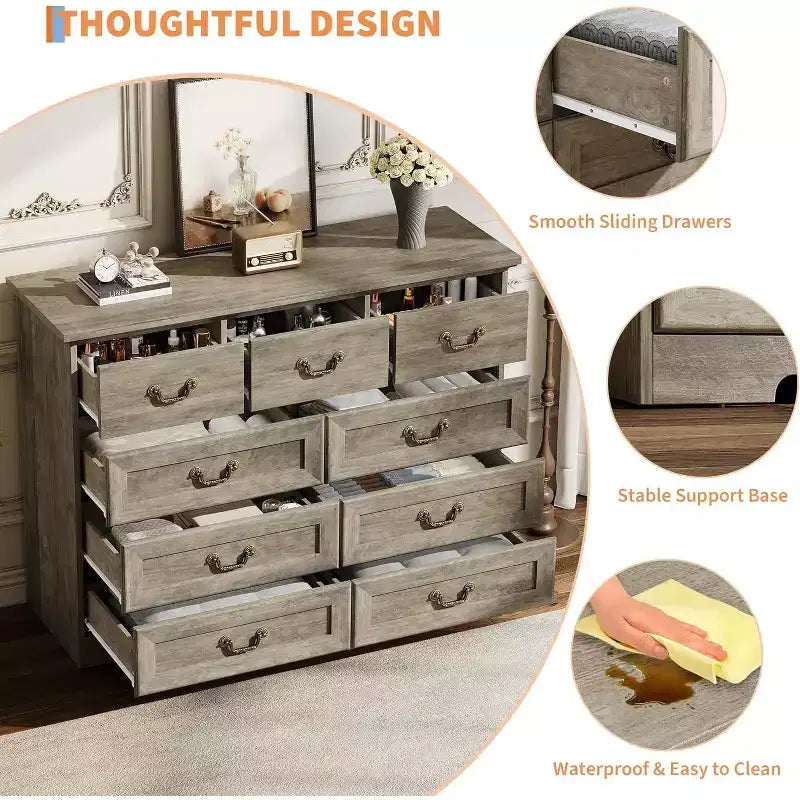 Commode de chambre à 9 tiroirs, commode vintage de 120 cm de large avec poignées métalliques et texture naturelle, commode en bois pour salon, couloir
