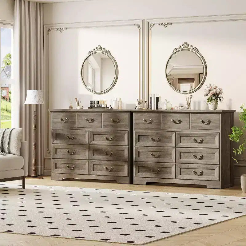 Commode de chambre à 9 tiroirs, commode vintage de 120 cm de large avec poignées métalliques et texture naturelle, commode en bois pour salon, couloir