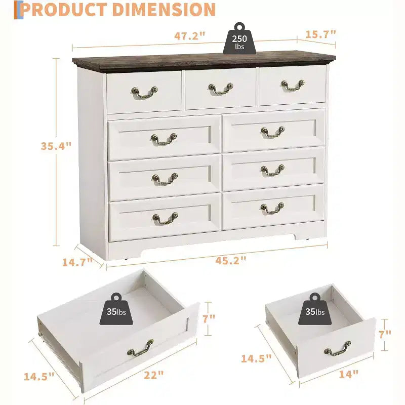 Commode de chambre à 9 tiroirs, commode vintage de 120 cm de large avec poignées métalliques et texture naturelle, commode en bois pour salon, couloir