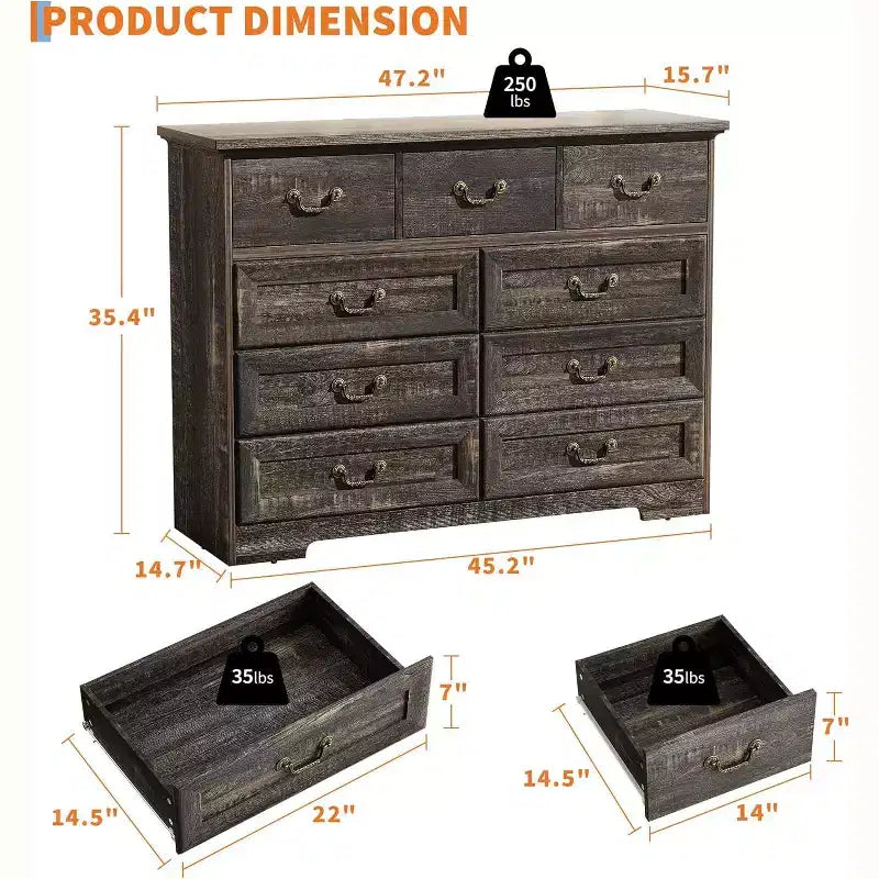 Commode de chambre à 9 tiroirs, commode vintage de 120 cm de large avec poignées métalliques et texture naturelle, commode en bois pour salon, couloir