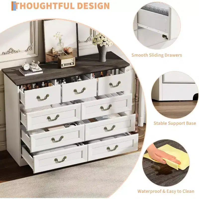 Commode de chambre à 9 tiroirs, commode vintage de 120 cm de large avec poignées métalliques et texture naturelle, commode en bois pour salon, couloir