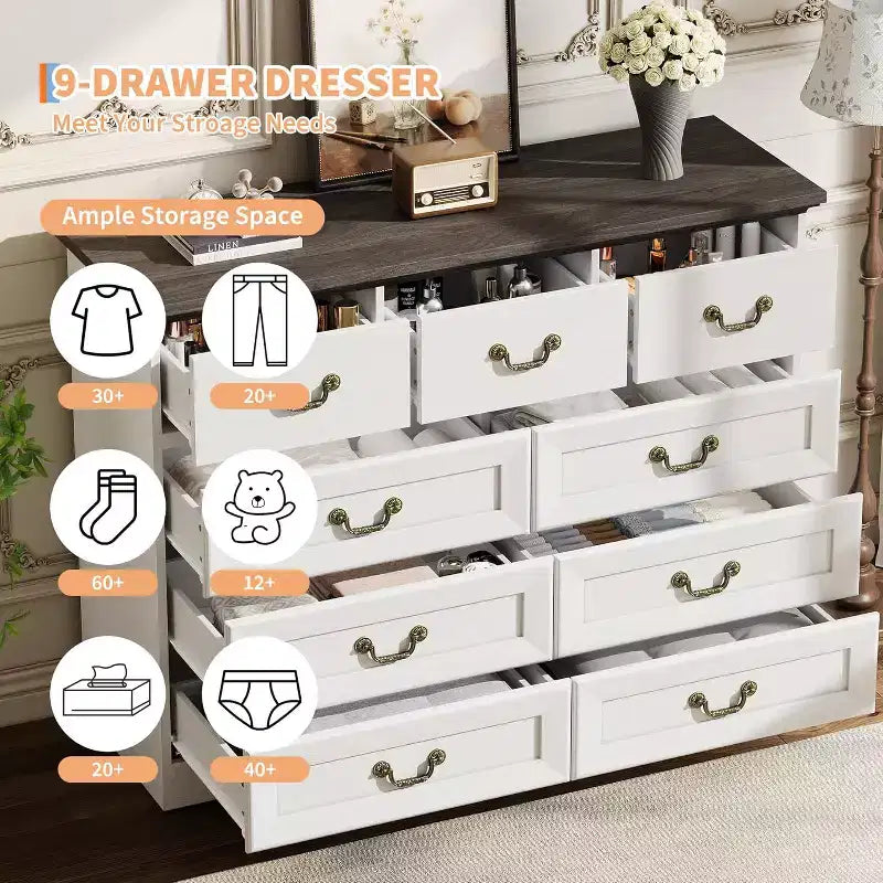 Commode de chambre à 9 tiroirs, commode vintage de 120 cm de large avec poignées métalliques et texture naturelle, commode en bois pour salon, couloir