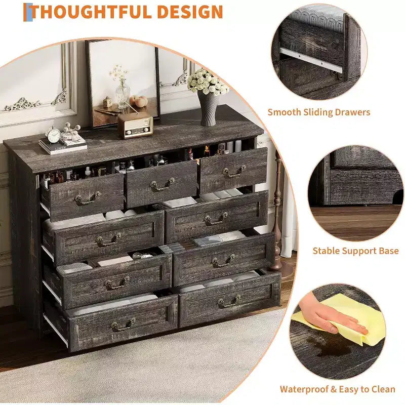 Dresser for Bedroom with 9 Drawers,47 Wide Vintage Chest of Drawers with Metal Handle & Natural Texture,Wood Dresser for Living Room,Hallway