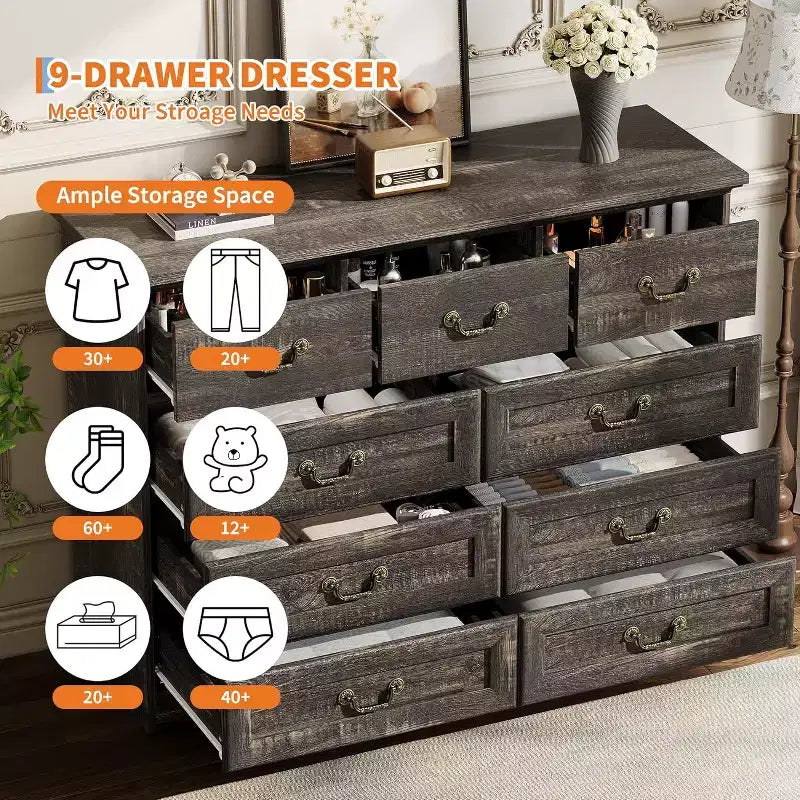 Commode de chambre à 9 tiroirs, commode vintage de 120 cm de large avec poignées métalliques et texture naturelle, commode en bois pour salon, couloir
