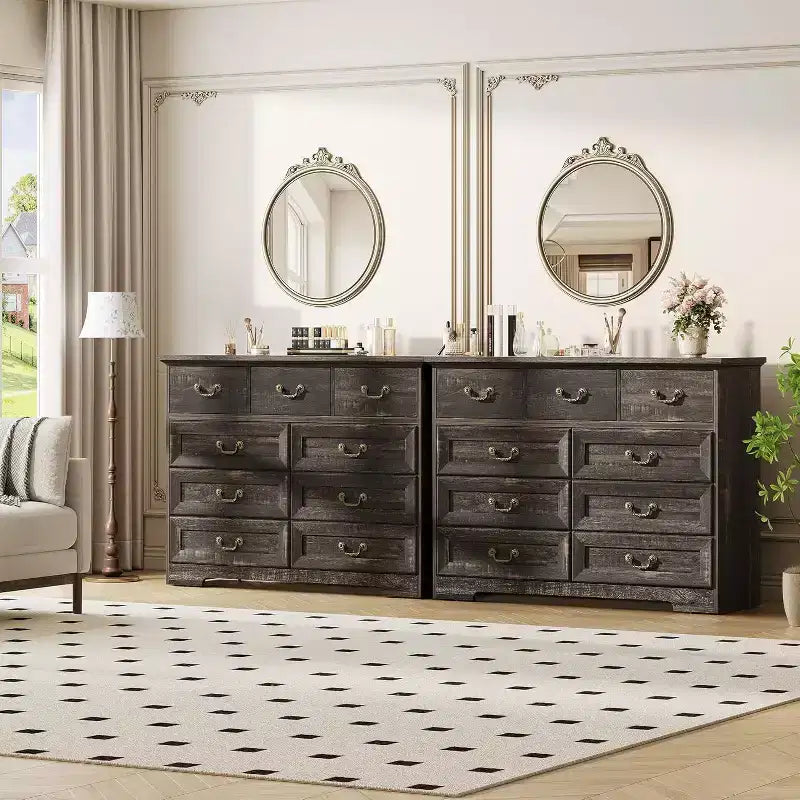Commode de chambre à 9 tiroirs, commode vintage de 120 cm de large avec poignées métalliques et texture naturelle, commode en bois pour salon, couloir