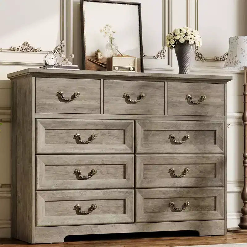 Dresser for Bedroom with 9 Drawers,47 Wide Vintage Chest of Drawers with Metal Handle & Natural Texture,Wood Dresser for Living Room,Hallway