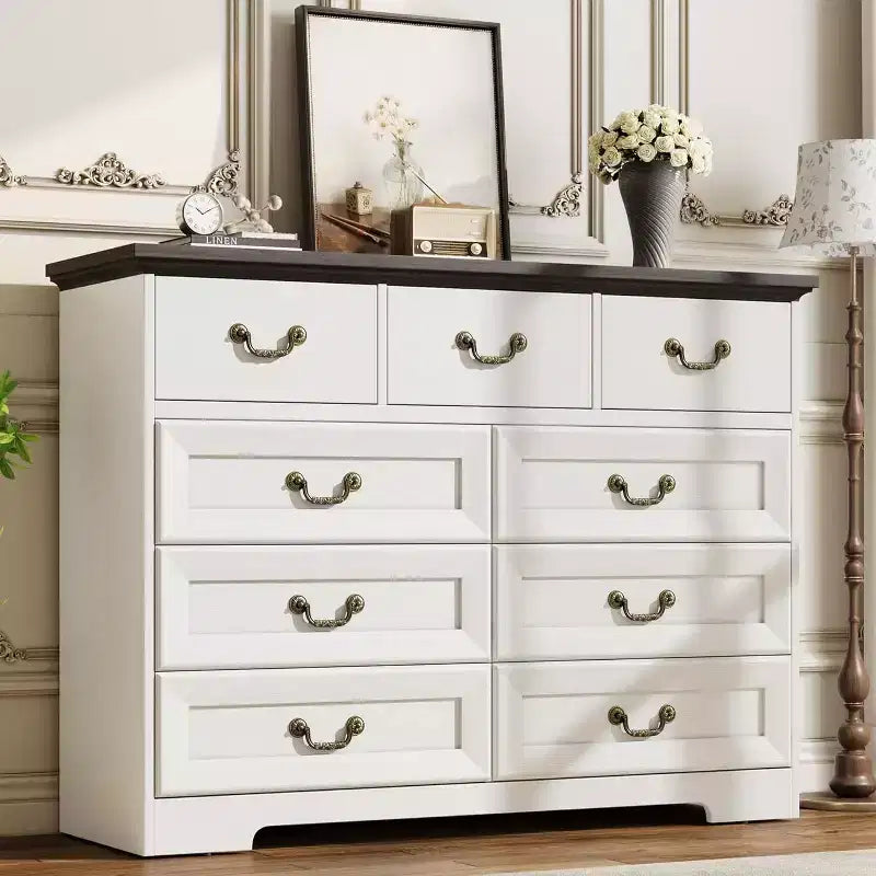 Dresser for Bedroom with 9 Drawers,47 Wide Vintage Chest of Drawers with Metal Handle & Natural Texture,Wood Dresser for Living Room,Hallway