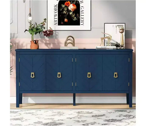 63 4-Door Sideboard Buffet Cabinet, Geometric Pattern, Vintage Handles, Storage Console Table, Bar Cabinet for Home/Office