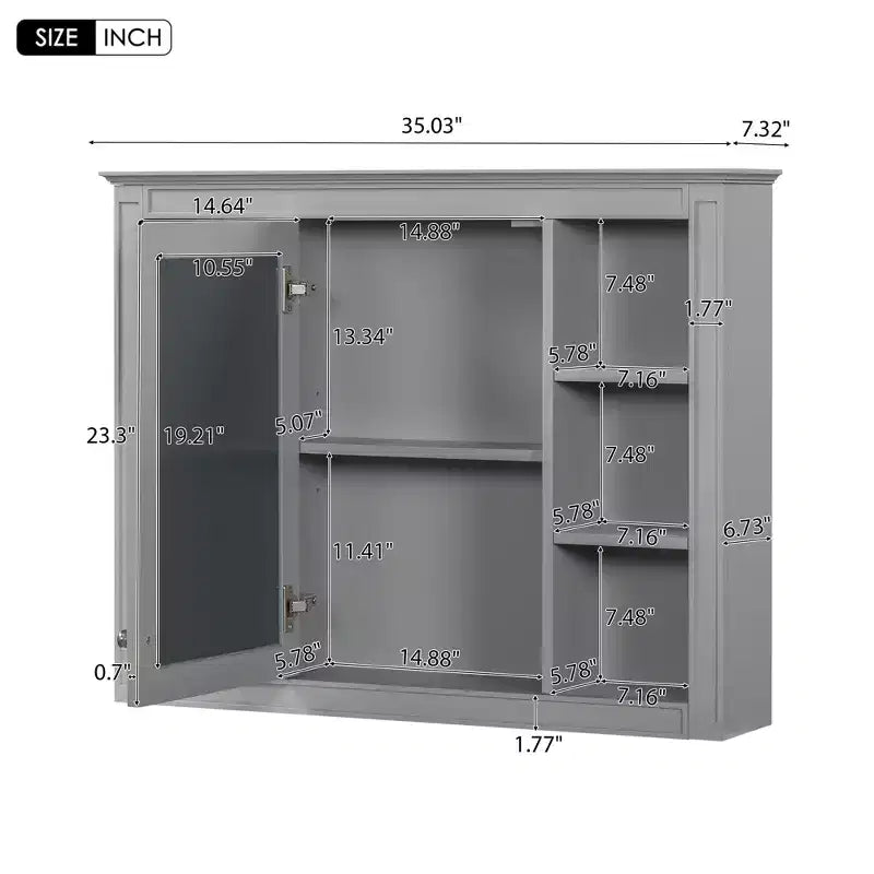 35 x 27.5 Bathroom Mirror Cabinet with 6 Open Shelves, Wall Mounted Medicine Cabinet (No Vanity)