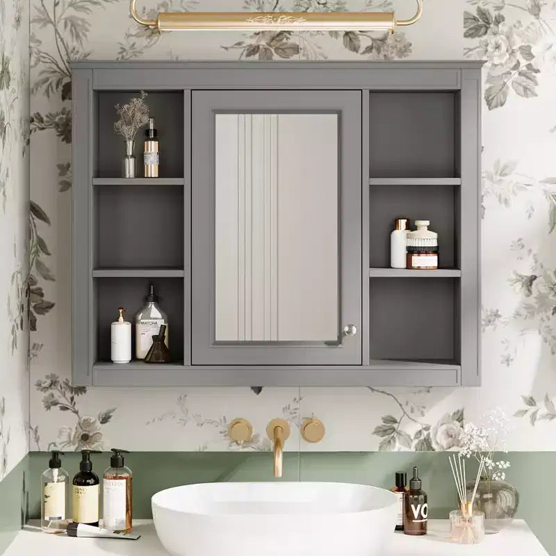 35 x 27.5 Bathroom Mirror Cabinet with 6 Open Shelves, Wall Mounted Medicine Cabinet (No Vanity)