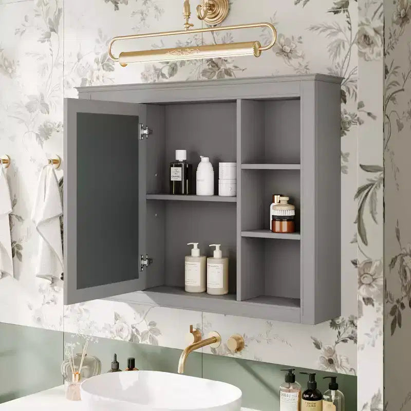 35 x 27.5 Bathroom Mirror Cabinet with 6 Open Shelves, Wall Mounted Medicine Cabinet (No Vanity)