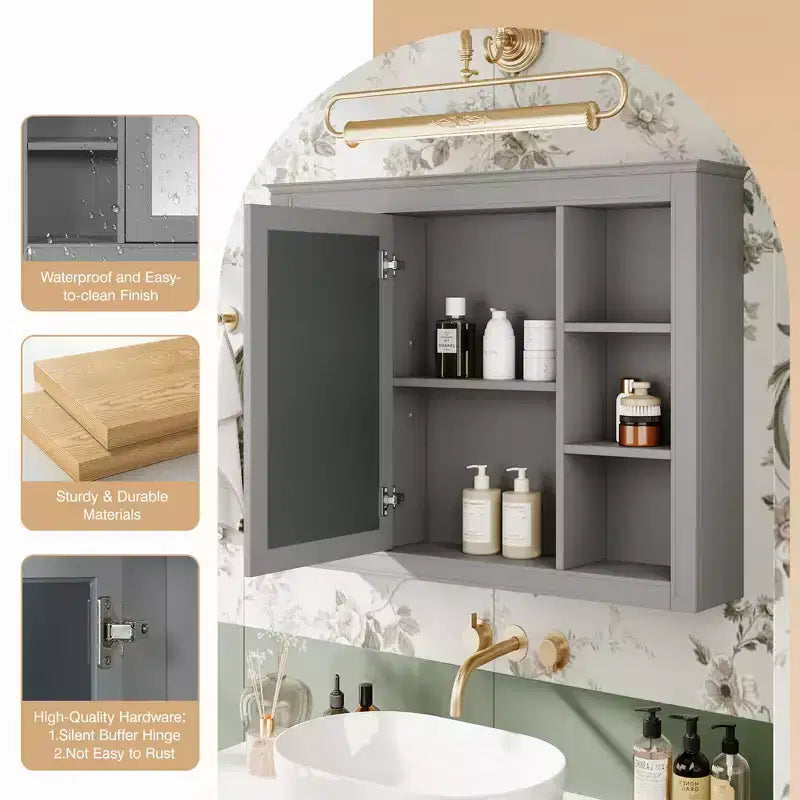 35 x 27.5 Bathroom Mirror Cabinet with 6 Open Shelves, Wall Mounted Medicine Cabinet (No Vanity)