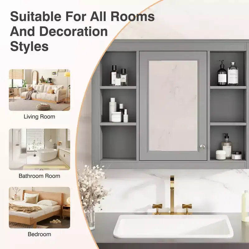 35 x 27.5 Bathroom Mirror Cabinet with 6 Open Shelves, Wall Mounted Medicine Cabinet (No Vanity)