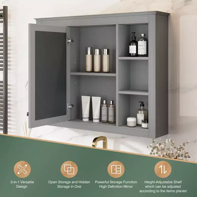 35 x 27.5 Bathroom Mirror Cabinet with 6 Open Shelves, Wall Mounted Medicine Cabinet (No Vanity)