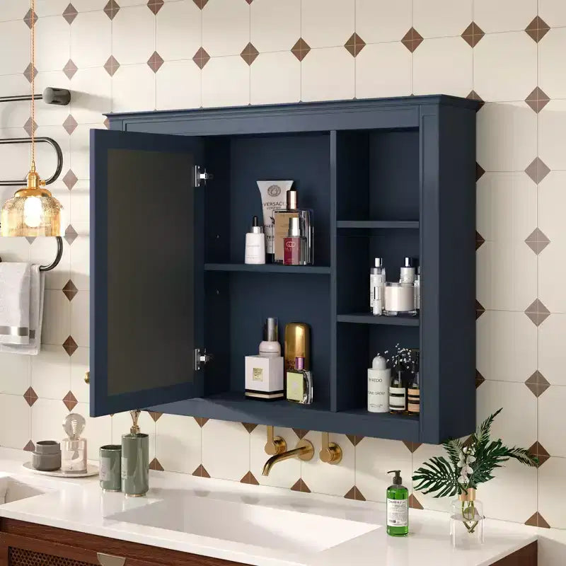 35 x 27.5 Bathroom Mirror Cabinet with 6 Open Shelves, Wall Mounted Medicine Cabinet (No Vanity)