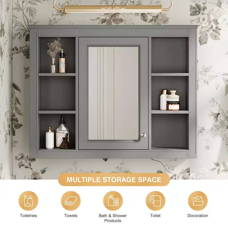 35 x 27.5 Bathroom Mirror Cabinet with 6 Open Shelves, Wall Mounted Medicine Cabinet (No Vanity)
