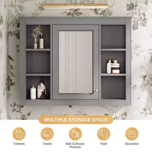 35 x 27.5 Bathroom Mirror Cabinet with 6 Open Shelves, Wall Mounted Medicine Cabinet (No Vanity)