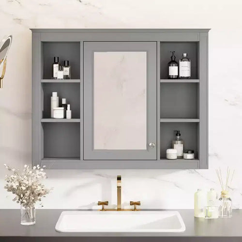 Armoire de toilette de 35 x 27,5 po avec 6 étagères ouvertes, armoire à pharmacie murale (sans meuble-lavabo)