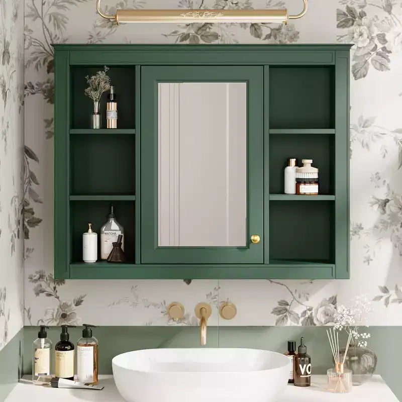 35 x 27.5 Bathroom Mirror Cabinet with 6 Open Shelves, Wall Mounted Medicine Cabinet (No Vanity)
