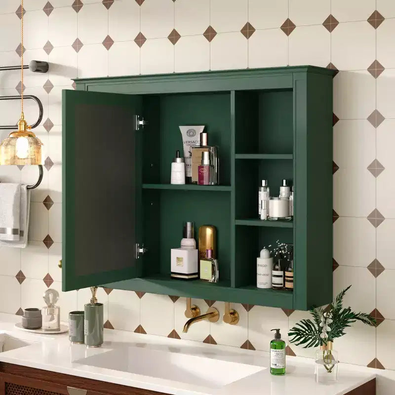 35 x 27.5 Bathroom Mirror Cabinet with 6 Open Shelves, Wall Mounted Medicine Cabinet (No Vanity)