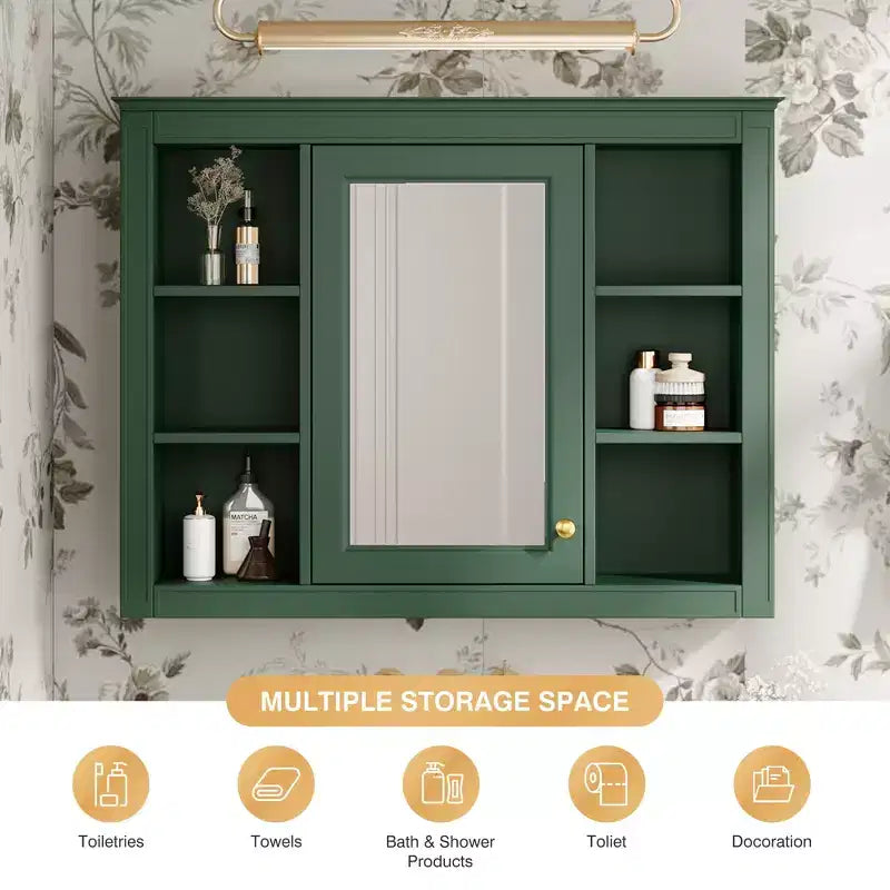 35 x 27.5 Bathroom Mirror Cabinet with 6 Open Shelves, Wall Mounted Medicine Cabinet (No Vanity)