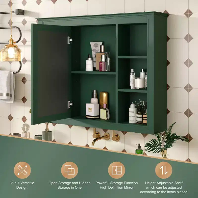 35 x 27.5 Bathroom Mirror Cabinet with 6 Open Shelves, Wall Mounted Medicine Cabinet (No Vanity)