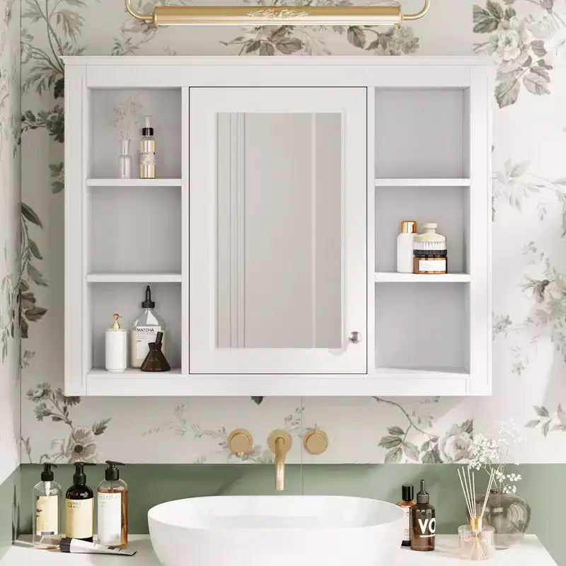 35 x 27.5 Bathroom Mirror Cabinet with 6 Open Shelves, Wall Mounted Medicine Cabinet (No Vanity)