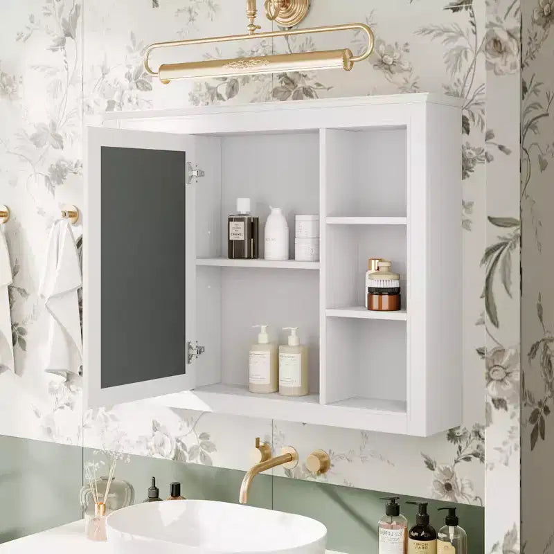 35 x 27.5 Bathroom Mirror Cabinet with 6 Open Shelves, Wall Mounted Medicine Cabinet (No Vanity)