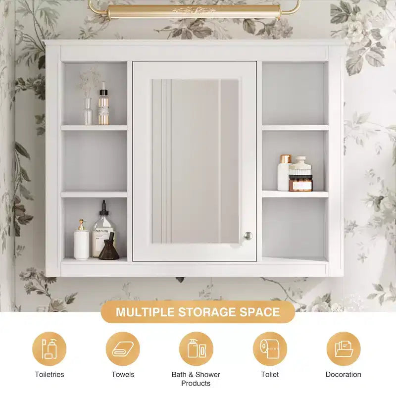 35 x 27.5 Bathroom Mirror Cabinet with 6 Open Shelves, Wall Mounted Medicine Cabinet (No Vanity)