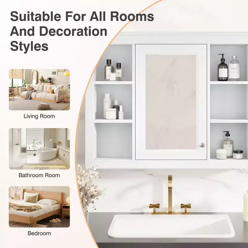 35 x 27.5 Bathroom Mirror Cabinet with 6 Open Shelves, Wall Mounted Medicine Cabinet (No Vanity)
