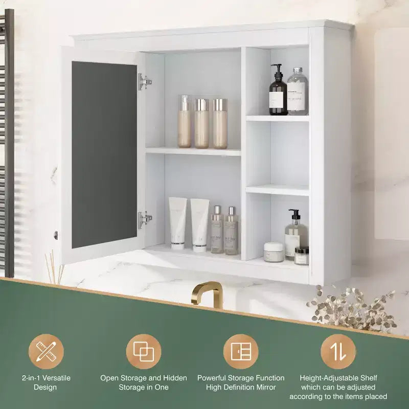35 x 27.5 Bathroom Mirror Cabinet with 6 Open Shelves, Wall Mounted Medicine Cabinet (No Vanity)